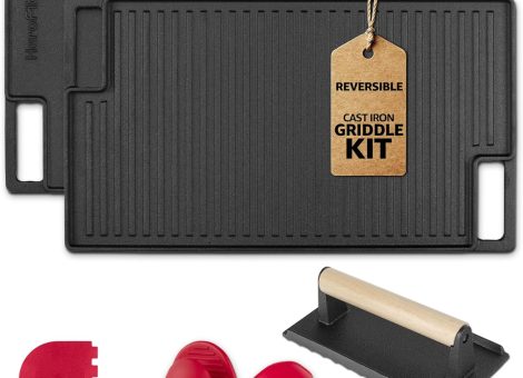 Cast Iron Reversible Grill/Griddle Set with Press, Scraper & Mitts – Pre-Seasoned, Non-Stick – 16.75″ x 9.5″ – Gas Stove, Grill, Camping, Indoor and Outdoor Cooking