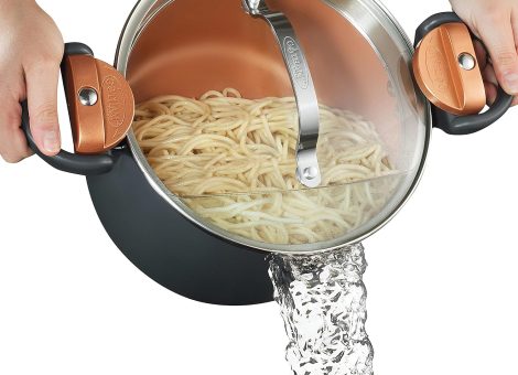 Gotham Steel 5 Quart Stock Pot Multipurpose Pasta Pot with Strainer Lid & Twist and Lock Handles, Nonstick Ceramic Surface Makes for Effortless Cleanup with Tempered Glass Lid, Dishwasher Safe
